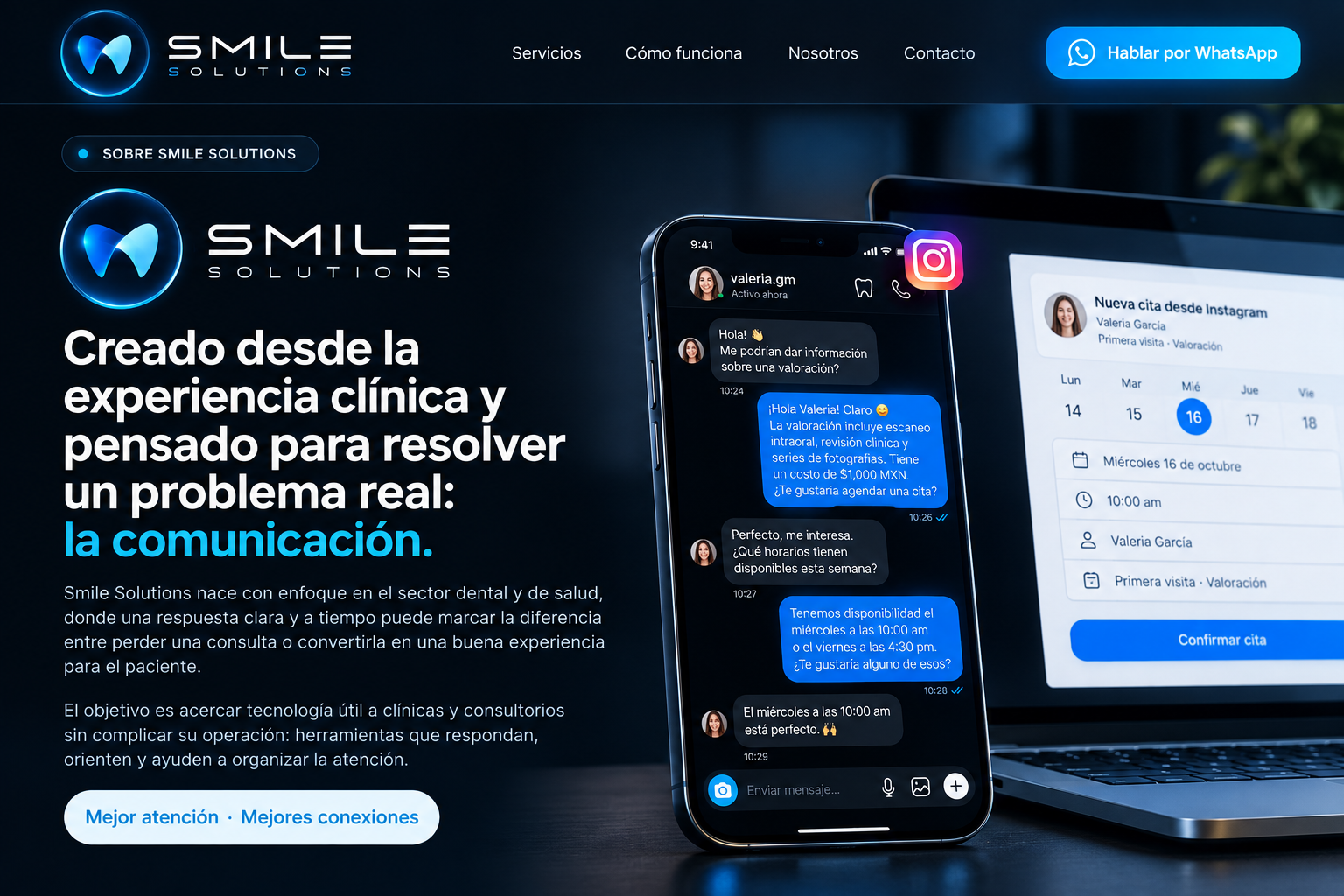 Experiencia digital premium de Smile Solutions con conversación de Instagram y agenda de citas