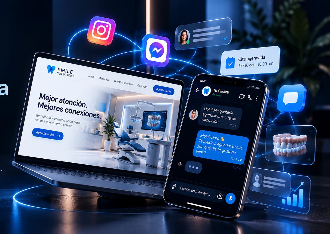 Computadora y teléfono conectados con conversaciones y agenda